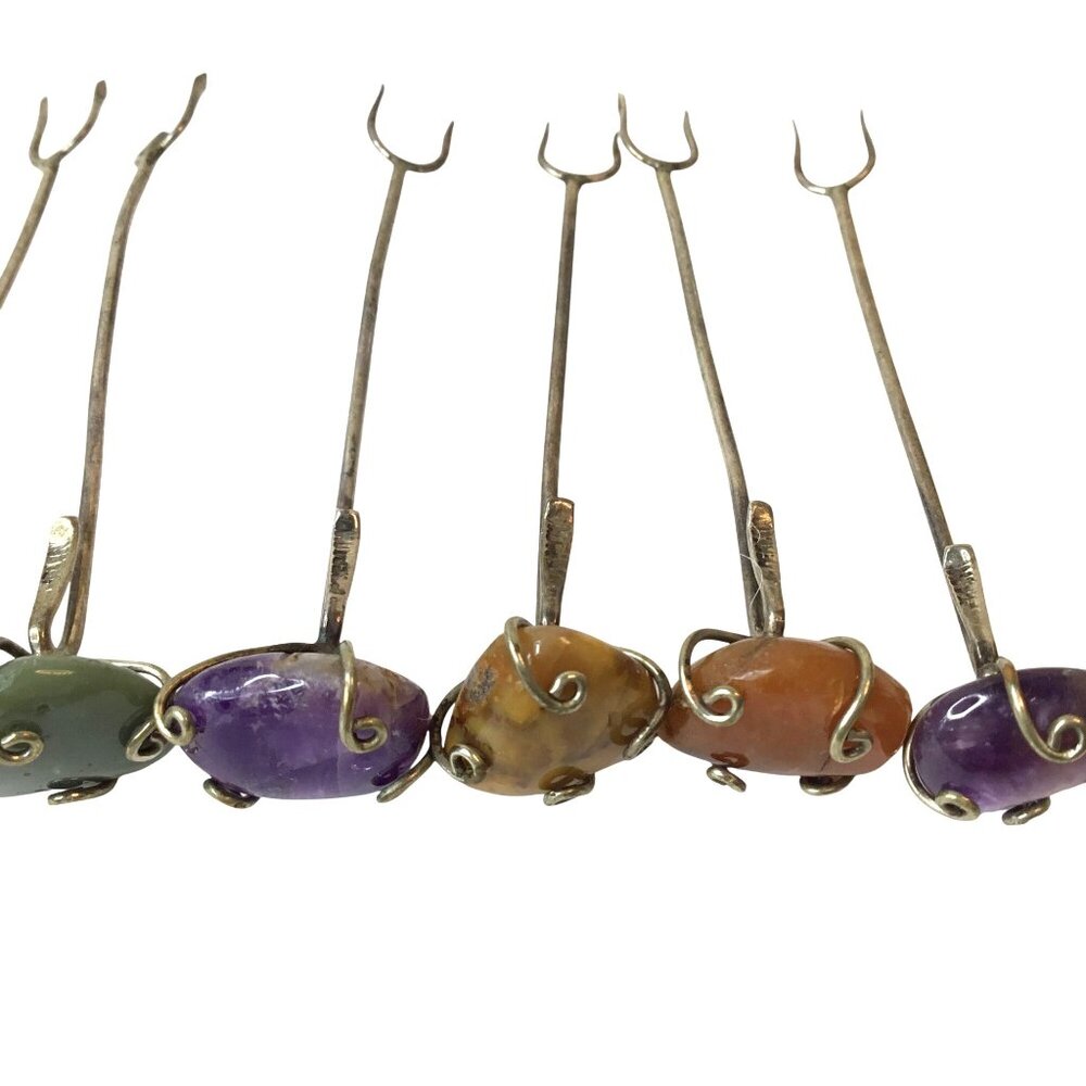 Vintage Semi-Precious Stone Cocktail Picks Set of 11 Amethyst Agate Onyx Barware